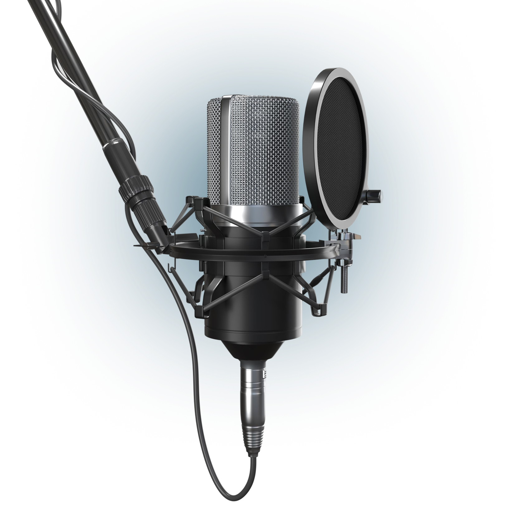Microphone and pop filter on black background